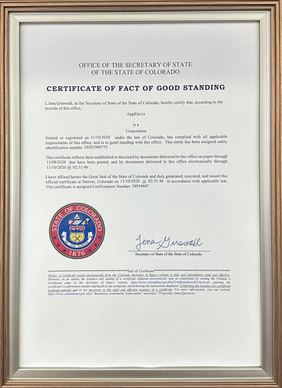 AppElevix certificate of good standing