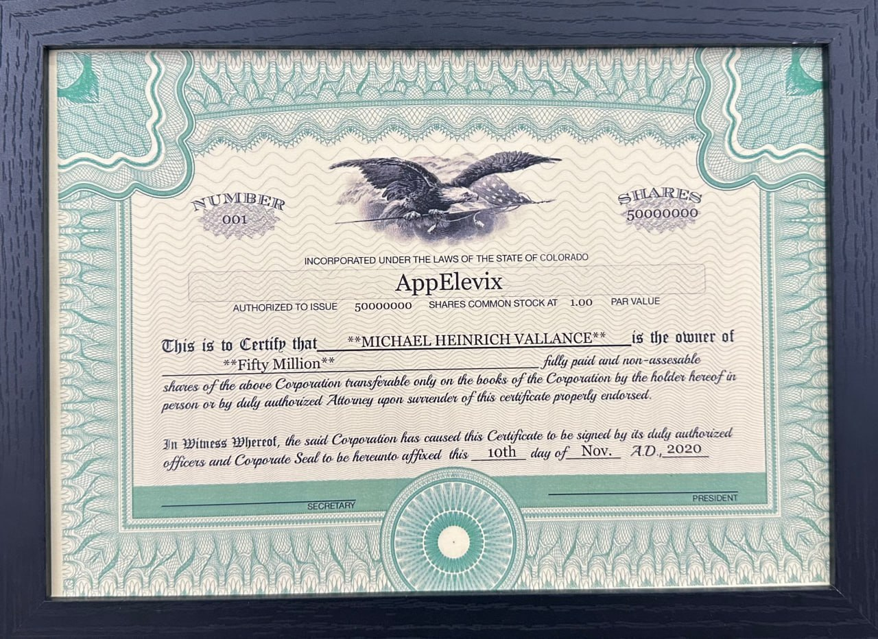 AppElevix stock certificate